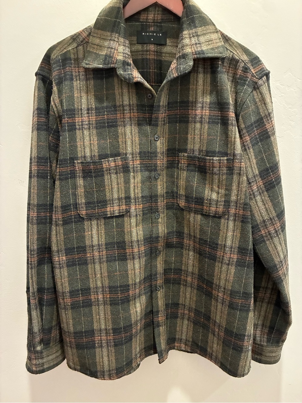 Richie Le Collection Premium Wool Blend Flannel Shirt Men's Size M Olive Plaid